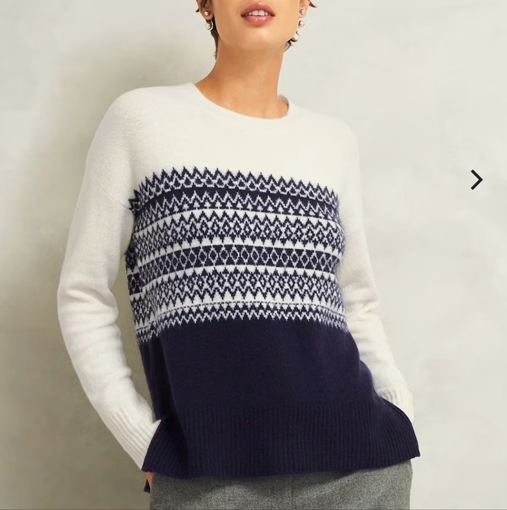 Navy and White Patterned Crew Neck Sweater